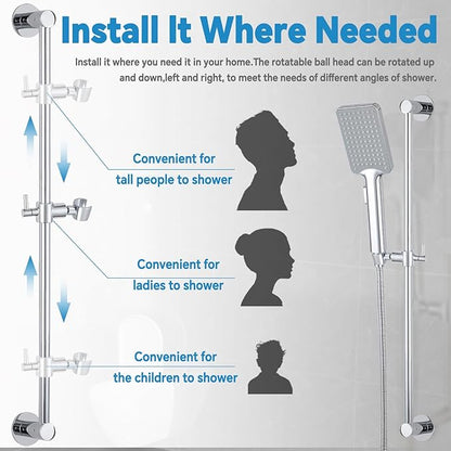 Shower Slide Bar Adjustable Handheld Shower Head Holder Wall Mount - 30inch All-Metal Shower Head Slide Bar Compatible with Bathroom Drill Free Glue Installation - Polished Chrome