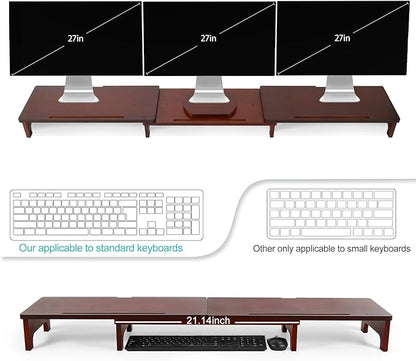 Nnewvante Monitor Stand Riser, Upgrade Height Large TV Riser, 60 inch Large Bamboo Dual Monitor Stand for Desk, 3 Shelves Desktop Screen Riser with Adjustable Length Angle for Computer Laptop Walnut