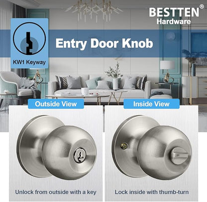 BESTTEN Keyed Entry Door Knob with Lock, Interior and Exterior Door Lock, Standard Ball, Satin Nickel