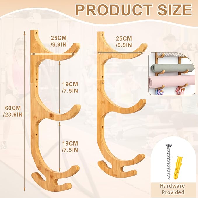 Geelin 3 Tier Yoga Mat Holder Wooden Wall Mount, Yoga Mat Gym Equipment Storage with 4 Hook for Hanging Foam Rollers and Resistance Bands, Storage Holder for Home Gym or Fitness Class