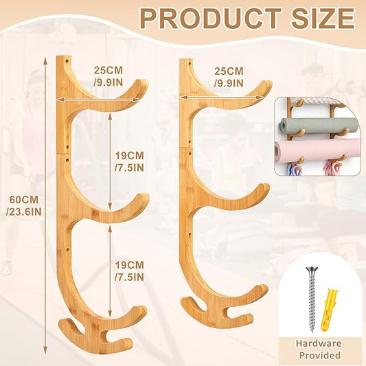 Geelin 3 Tier Yoga Mat Holder Wooden Wall Mount, Yoga Mat Gym Equipment Storage with 4 Hook for Hanging Foam Rollers and Resistance Bands, Storage Holder for Home Gym or Fitness Class