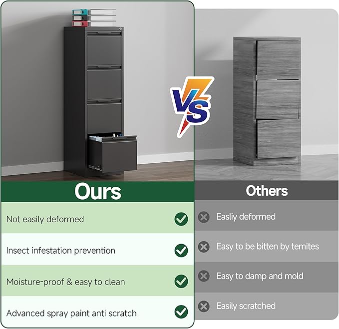 4 Drawer File Cabinet, Tall Vertical Filing Cabinets for Home Office, Locking Metal File Cabinet for Letter/Legal/A4/F4 Size, Assemble Required
