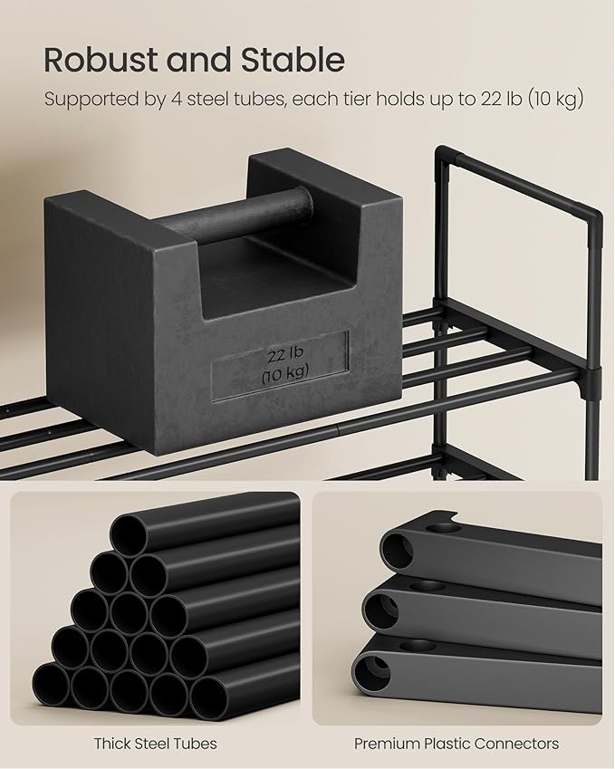 SONGMICS Shoe Rack, 4-Tier Shoe Organizer, Metal Storage Shelf, Upright or Upside Down, for 25-30 Pairs, Stackable, for Entryway, 11.8 x 46.1 x 28.4 Inches, Black ULSA034B01