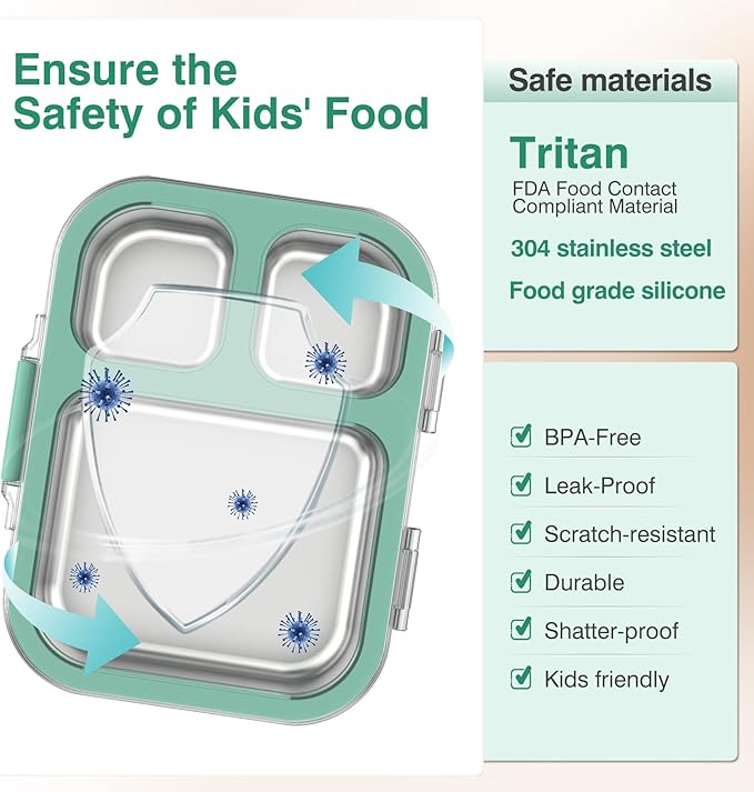 Stainless Steel Lunch Box: Metal Bento Box for Kids Adults - 3 Compartments Leak-Proof Lunch Box, Green
