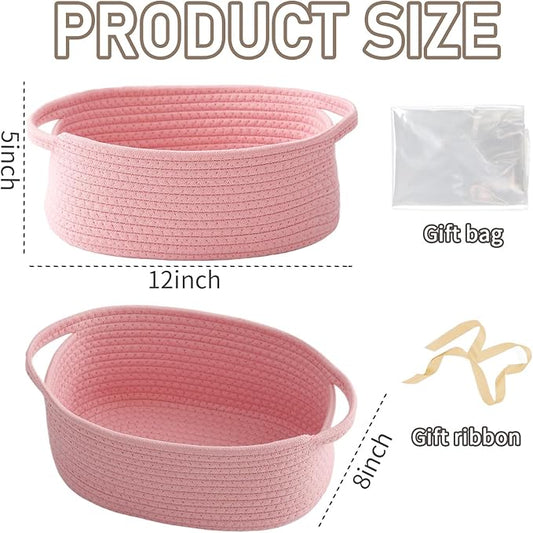 Woven Basket,Small Rope Storage Bin with Handles & Ribbon Bag, Organizer for Shelves Closets,Gift Basket Empty for Birthday,Books,Dog Toys, Pink