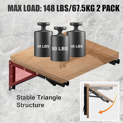 Heavy Duty Black Folding Shelf Brackets (Pack of 2) – 550 lb Max Load, Wall Mounted Space-Saving Brackets for Shelves, Tables, Workbench, DIY Storage – Sturdy Steel Construction