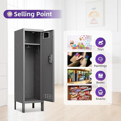 Metal Storage Locker with Lock & Card Slot Locker - Secure Lockable Door - Steel Locker for School, Office, Gym, Home - 54" H x 15" W x 15" D（1 Door, Grey）