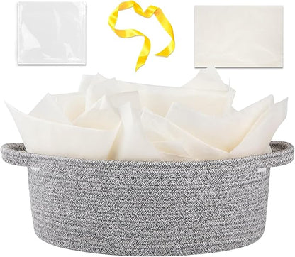 OIAHOMY Gift Basket with Handle, Small Woven Basket with Gift Bag, Ribbon and Wrap Tissue Paper, Nursery Bins Empty to Fill with Small Items, Baby, Pet Toy Organizer - Grey