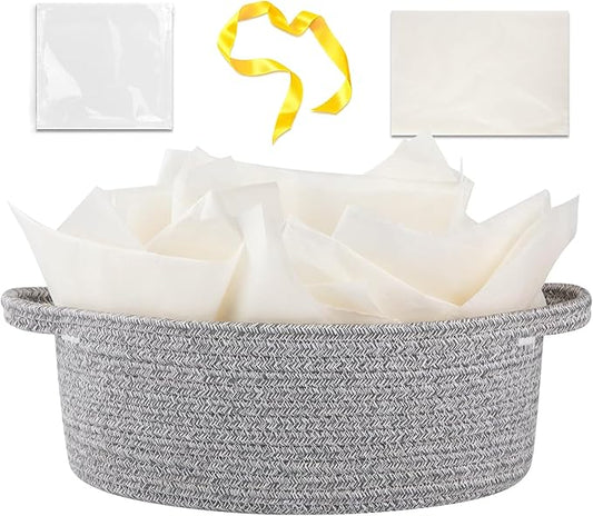 OIAHOMY Gift Basket with Handle, Small Woven Basket with Gift Bag, Ribbon and Wrap Tissue Paper, Nursery Bins Empty to Fill with Small Items, Baby, Pet Toy Organizer - Grey