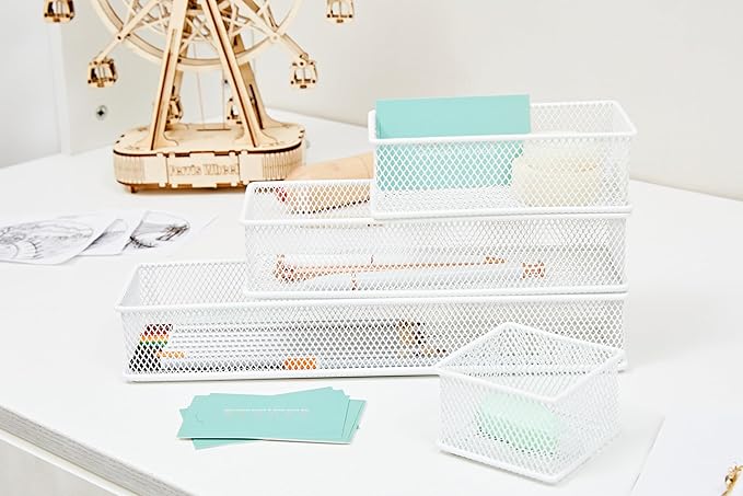 Annova Mesh Stackable Drawer Cabinet and Shelf Organizer Bins Storage Basket School Office Supply Holder Tray- Set of 2 (White, 3x9x2 Inch)