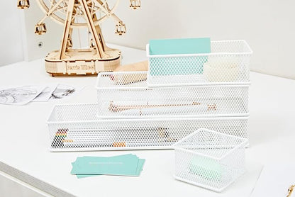 Annova Mesh Stackable Drawer Cabinet and Shelf Organizer Bins Storage Basket School Office Supply Holder Tray- Set of 2 (White, 3x12x2 Inch)
