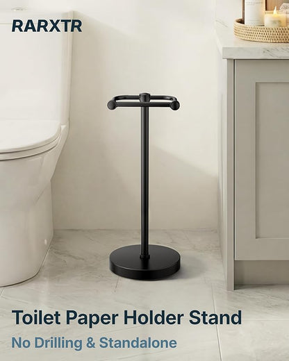 Toilet Paper Holder Stand, Modern Bathroom Free Standing Toilet Paper Roll Holder, Stainless Steel Tissue Rack, Rust-Proof & Heavy Stable Base (Matte Black)