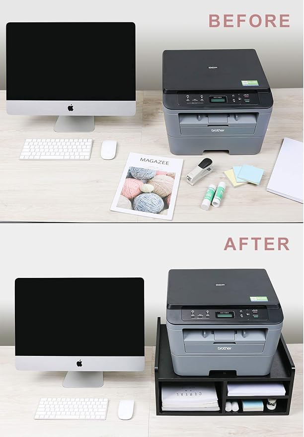PAG Desktop Printer Stand with Storage, Paper Storage Holder Rack for Desk, Wooden Printer Organization for Home/Office, Black