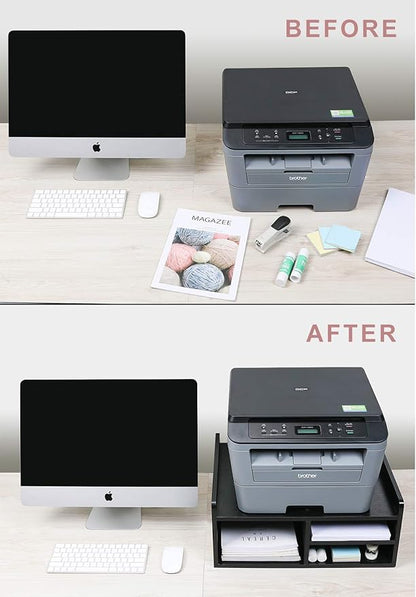 PAG Desktop Printer Stand with Storage, Paper Storage Holder Rack for Desk, Wooden Printer Organization for Home/Office, Black