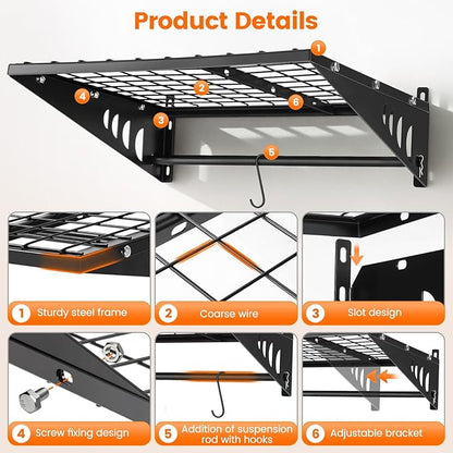 Garage Shelving 2x2ft 4-Pack, Garage Storage Rack 24"x24" Metal Shelves Black Wall Mounted with rods & 4 Hooks, Heavy Duty Wall Shelving Floating Shelves, 880lbs Total load Capacity