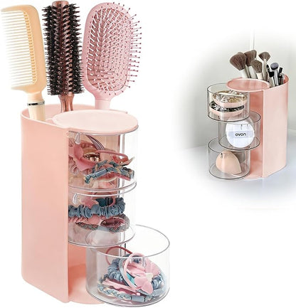 Hair Accessory Organizer & Hair Brush Holder, 3-Layer Clear Hair Accessories Organizer Rotatable Small Jewelry Box for Clip Earring Necklaces, The Latest Gift for A Girl. (pink) Hair Caddy