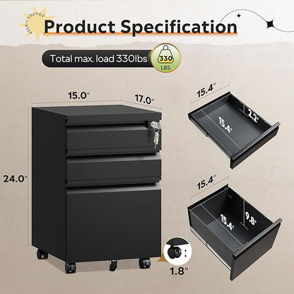 DEVAISE 3 Drawer File Cabinet, Metal Filing Cabinet with Lock, Under Desk Cabinet with Wheels for Home Office, Fits Legal/A4/Letter Size, Black