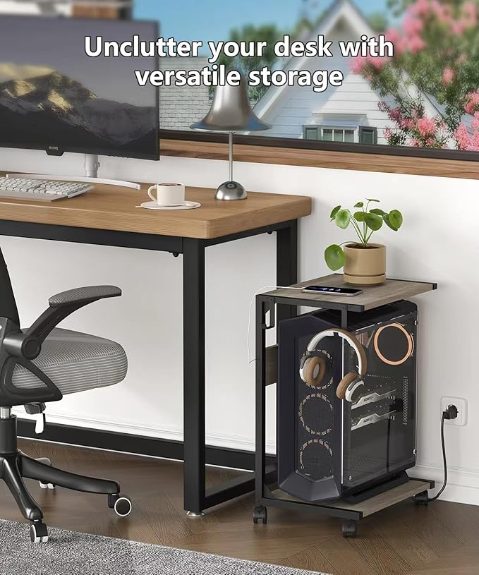 2 Tier Computer Tower Stand with Charging Station, 11.8" D x 16.5" W Rolling Floor PC Tower Stand Fits Under Desk, CPU Holder Cart for Carpet with Hooks, C Shaped End Table for Home Office