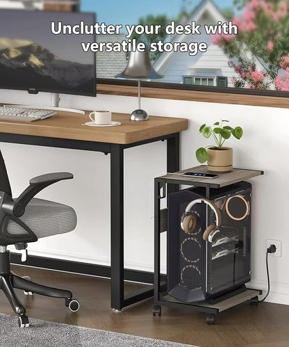 2 Tier Computer Tower Stand with Charging Station, 11.8" D x 16.5" W Rolling Floor PC Tower Stand Fits Under Desk, CPU Holder Cart for Carpet with Hooks, C Shaped End Table for Home Office