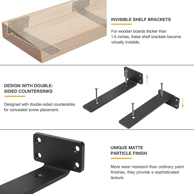 HITOMEN Heavy Duty Floating Shelf Brackets, 8-Inch (1/5'' Thick) Hidden Shelves Hardware, Iron L Brackets, Rustic Industrial Black Metal Wall Shelving Supports, 4 Pack