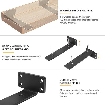 HITOMEN Heavy Duty Floating Shelf Brackets, 8-Inch (1/5'' Thick) Hidden Shelves Hardware, Iron L Brackets, Rustic Industrial Black Metal Wall Shelving Supports, 12 Pack