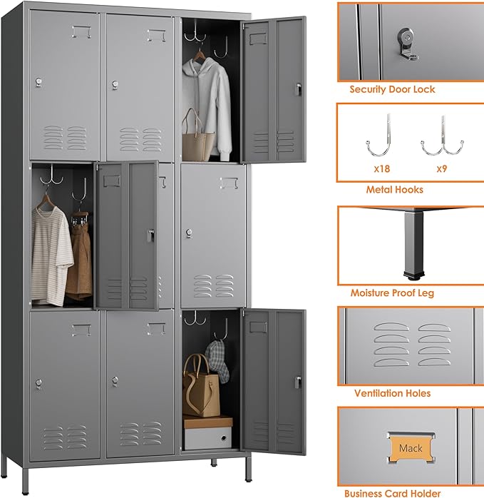 Aobabo New 9 Doors Metal Storage Locker for Employees, Lockable Steel Locker with Name Card Slot and 27 Hooks for School Office Gym Garage, Dark Grey, Assembly Required