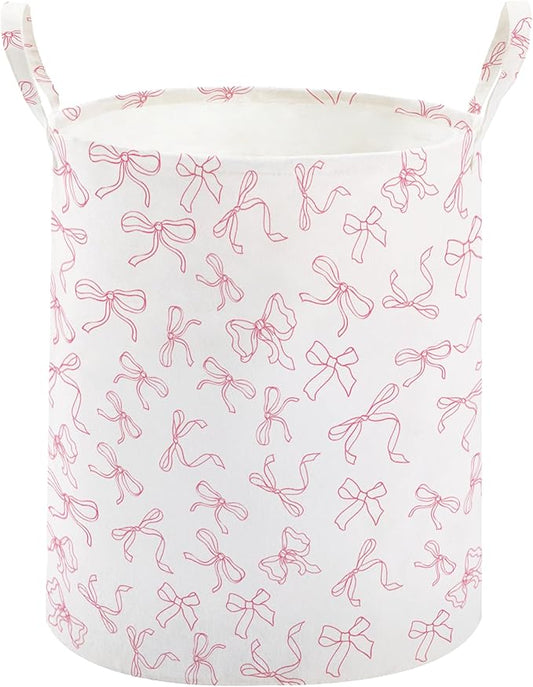 TECHMILLY Large Storage Basket for Girls and Boys, Collapsible Laundry Hamper with Long Handles, Toy Bins for Nursery, Kids Room Décor (Bowknot)