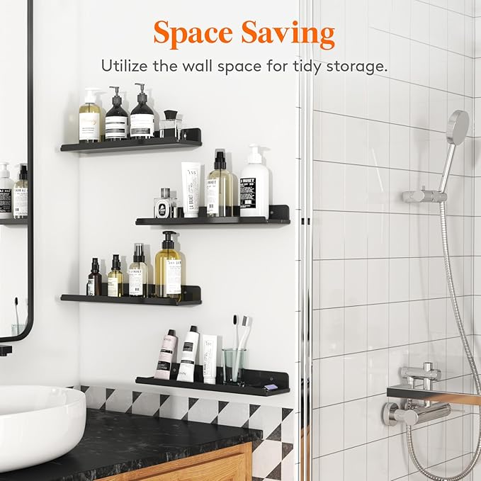 Lifewit Floating Shelves for Bathroom, 15" Clear Wall Organizer for Makeup, Perfume, Figures, Photo, Decor Shelf for Nursery, Living Room, Bedroom, Kitchen, Over Toilet Storage Rack, Black, 4 Pack