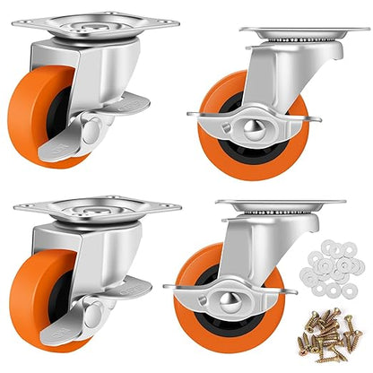 Caster Wheels, 2.5 Inch Casters Set of 4, Heavy Duty Casters with Brake, Locking Castors with Polyurethane Wheel，Small Plate Swivel Castor Wheels for Furniture Carts,Workbench Caster