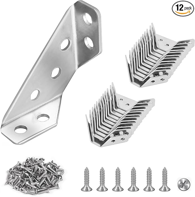 PlusRoc 12-Pack Universal Stainless Steel Furniture Corner Connectors with Screws - Heavy Duty Triangular Support Brackets for Wood Furniture, Drawers, Cabinets, Tables, and Chairs