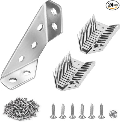 PlusRoc 24-Pack Universal Stainless Steel Furniture Corner Connectors with Screws - Heavy Duty Triangular Support Brackets for Wood Furniture, Drawers, Cabinets, Tables, and Chairs