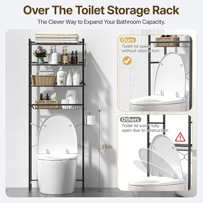 4 Tier Over The Toilet Storage Rack, Bathroom Organizer Shelf Over Toilet with 4 Hook and Roll Holder, Space Save Freestanding Metal Bathroom Shelves