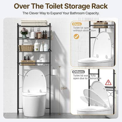 4 Tier Over The Toilet Storage Rack, Bathroom Organizer Shelf Over Toilet with 4 Hook and Roll Holder, Space Save Freestanding Metal Bathroom Shelves