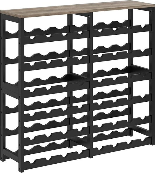 6 Tier Bamboo Wine Rack Freestanding Floor, 48 Bottles Wine Storage Shelves with Table Top, Stackable Wine Display Rack for Kitchen, Bar, Dining Room (Ivory White and Black, 48 Bottles)