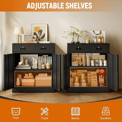 BESFUR Metal Storage Cabinet, Garage Storage Cabinet with 2 Drawers and Adjustable Shelf, Locking Short Storage Cabinet for Office Garage Home, Black Metal Cabinets(36" H x 31.5" W x 16" D)