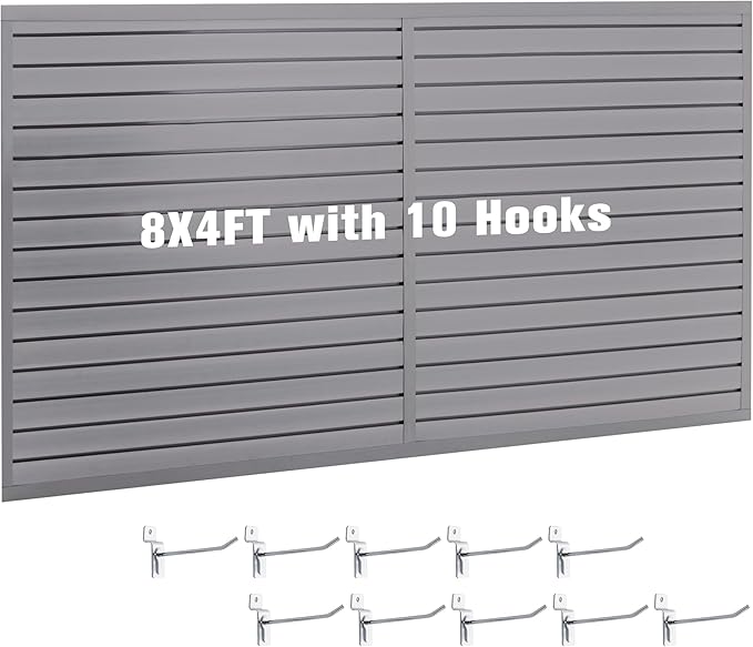 Slatwall Panel Garage Wall Organizer Storage Systems, Wall Mounted PVC Storage Rack with 10 Hooks, Interlocking Workshop Slat Wall Paneling Sheets Board Shelves Tools Organization-Grey (8’H x 4’W)