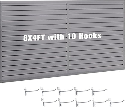 Slatwall Panel Garage Wall Organizer Storage Systems, Wall Mounted PVC Storage Rack with 10 Hooks, Interlocking Workshop Slat Wall Paneling Sheets Board Shelves Tools Organization-Grey (8’H x 4’W)