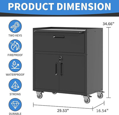 Metal Storage Cabinet with Wheels, Lockable Garage Storage Cabinet with 2 Doors and 1 Drawer, Rolling Tool Cabinet, Assembly Required, Black