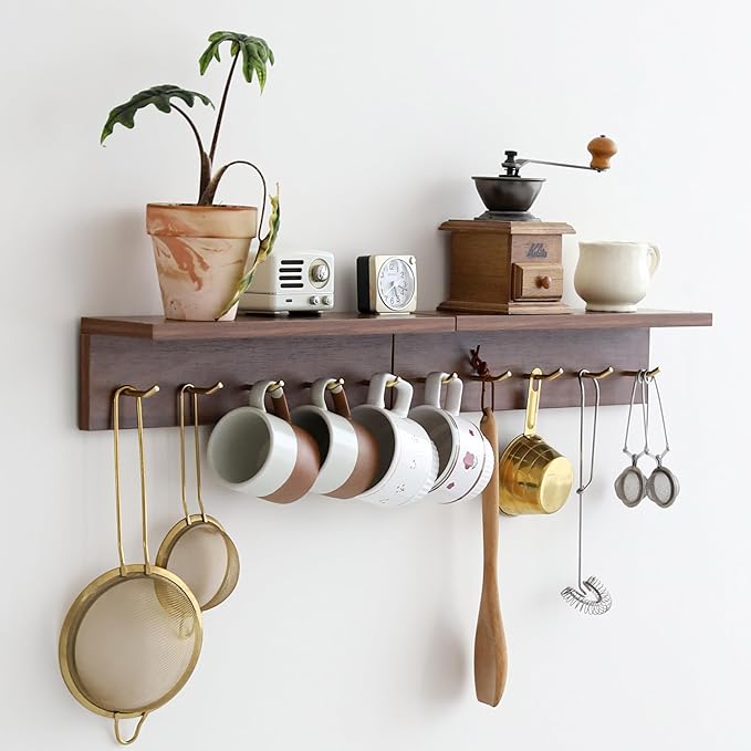 5-Hook Wall Mounted Coat Rack with Storage Shelf - Multi-Functional Key & Jacket Hanger for Entryway, Walnut Finish, Style D-2