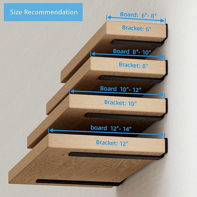 Shelf Brackets Floating Shlef Brackets 8-Inch 6-Packs, 1/5-Inch Thick Heavy Duty Shelving Brackets for Wood Shelves, 8" Hidden Black Metal L Bracket Shelf Bracket Supports with 160 Lbs Load Capacity