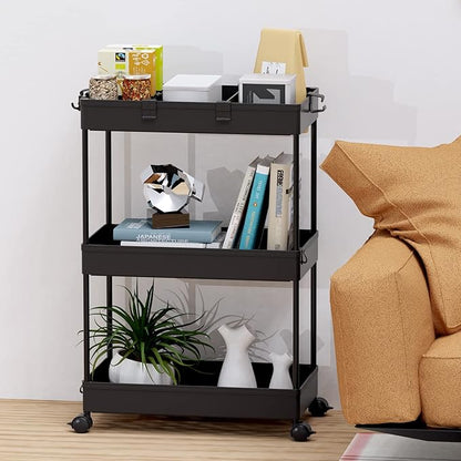 SPACELEAD 3 Tier Rolling Cart with Wheels, Storage Craft Art Trolley Organizer Serving, 3 Hanging Baskets Easy Assembly, for Office, Bathroom，Living Room, Kitchen, Black