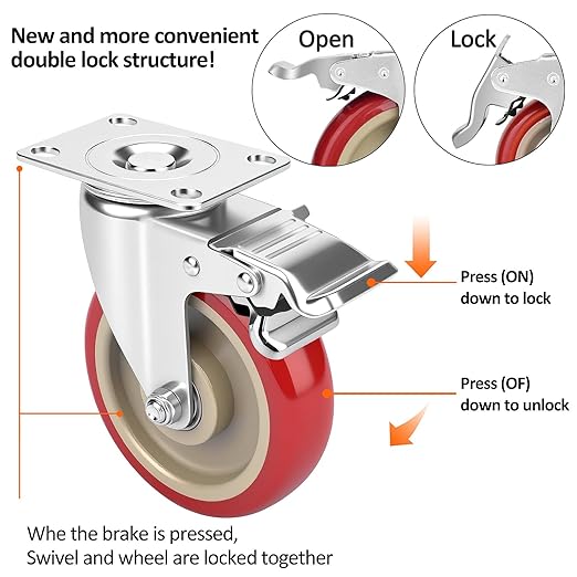 5 Inch Industrial Heavy Duty Swivel Caster Wheels with Brake,Set of 4 Safety Locking Casters,Load 2400lbs,Premium Polyurethane Wheels for Table,Trailer,Saw Table,Stage Toolbox,Bed,Corn Board