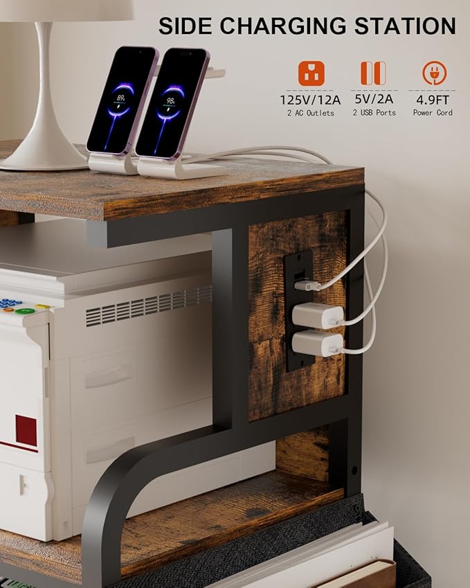 Tall Printer Stand with Storage Adjustable Shelf and Bag, 4-Tier Large Printer Table with Charging Station for Home Office, Printers Cart with Wheels for 3D Shredder Scanner Fax (Retro Brown)