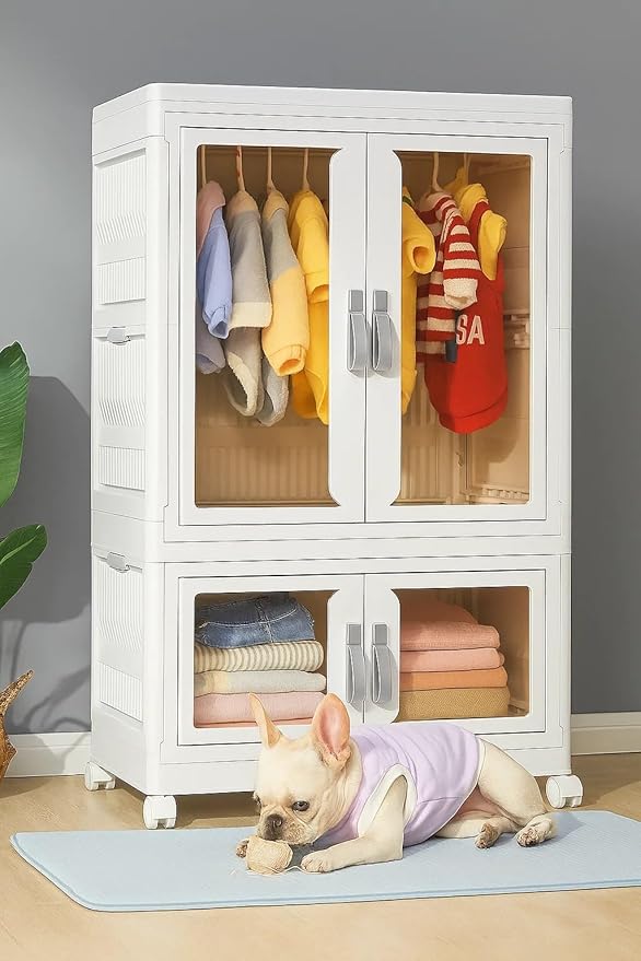 Pet Clothing Storage Cabinet with Hanging Rod Foldable Plastic Storage Bin 2-Tier Dog Clothes Organizer for Small Pets Lightweight, Waterproof– Portable Cat Wardrobe Closet