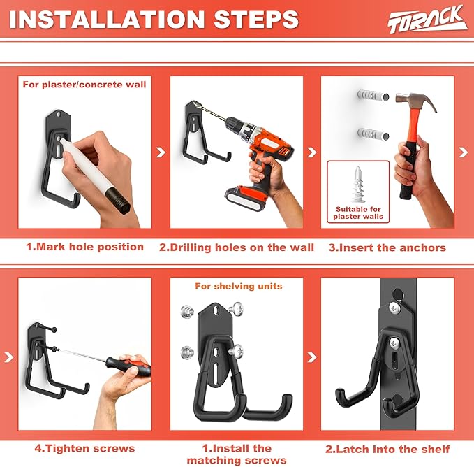 TORACK 15 PCS Garage Storage System Hooks, Shelving Hooks for Keyhole Shelving Units Wall Mount Utility Hooks for Tools, Ladders, Cords, Folding Chairs, Shovels and Rakes(Black)
