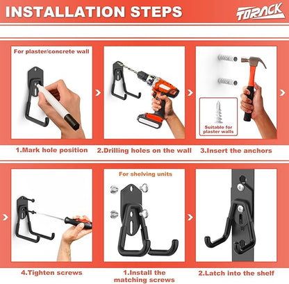 TORACK 15 PCS Garage Storage System Hooks, Shelving Hooks for Keyhole Shelving Units Wall Mount Utility Hooks for Tools, Ladders, Cords, Folding Chairs, Shovels and Rakes(Black)