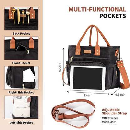 Large Women Lunch Bags for Work Insulated/Insulated Adult Lunch Box for Women/Durable Nylon Thermal cooler Bag /Leakproof Cooler Tote Bag with Storage Pocket(Newly upgraded Noir Black Brown strap)