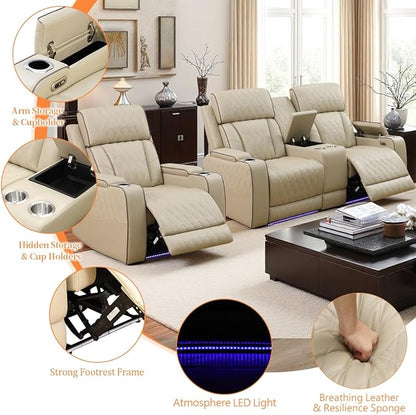 Khaki Leather Power Recliner Loveseat and 2 Chairs with Arm Storage and Read Light, Theater Seating Leather Living Room Reclining Loveseat with Cup Holders and Smart Charging Pad for Home