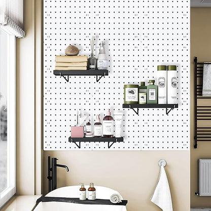 Black Pegboard Shelf, 4 Pack Wooden Pegboard Shelves with Metal Brackets Hooks, Heavy Duty Peg Board Organizer Shelves, Pegboard Accessories Organizer for Crafts Room, Garage, Workbench, Office
