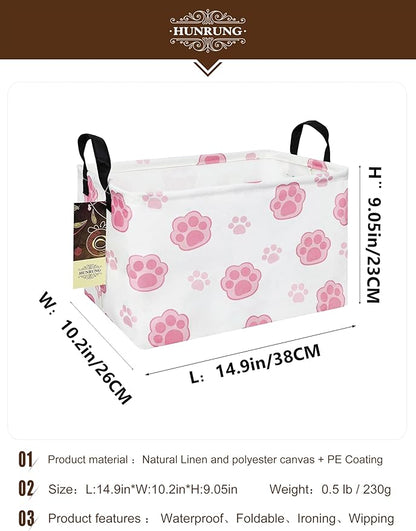HUNRUNG Rectangle Storage Basket Cute Canvas Organizer Bin for Pet/Children Toys, Books, Clothes Perfect for Rooms/Playroom(REC-Pink Paw)
